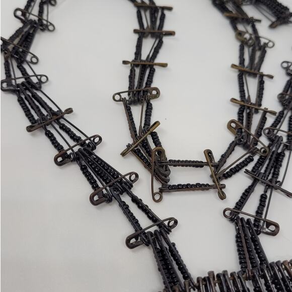 Boho Luxe Thunderbird Necklace Black Bead Safety Pin Vintage Tribal Statement - Picture 7 of 9